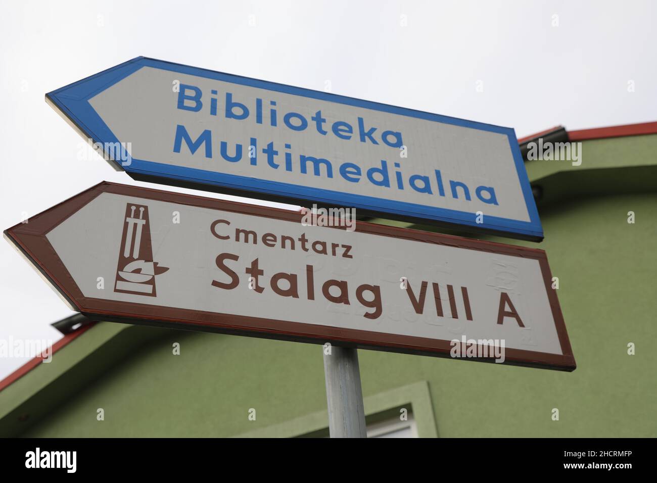 Im Bild Hinweisschild: STALAG VIIA, das Stammlager VIII A , kurz: Stalag VIII A, war ein Kriegsgefangenenlager der deutschen Wehrmacht im Zweiten Welt Stockfoto