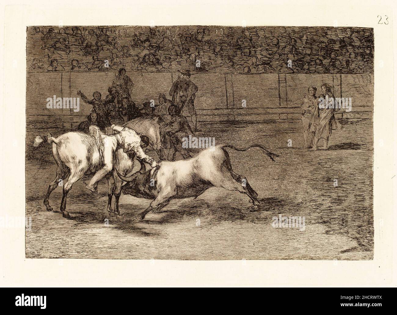 Francisco de Goya, Mariano Ceballos, alias el Indio, mata el toro desde su caballo (Mariano Ceballos, Alias der Inder, tötet den Bullen von seinem Pferd). Dies ist die Drucknummer 23 in einer Druckserie über Stierkämpfe aus dem Jahr 33. Stockfoto