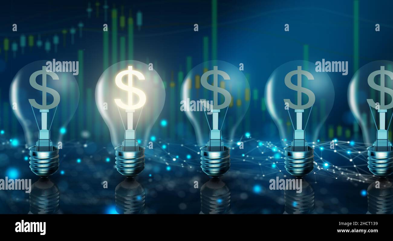 Beleuchtete Glühbirne in einer Reihe. Eine andere glühende mit Dollar-Zeichen innen auf der Aktienmarkt-Grafik Hintergrund. Geld machen Idee. Stockfoto