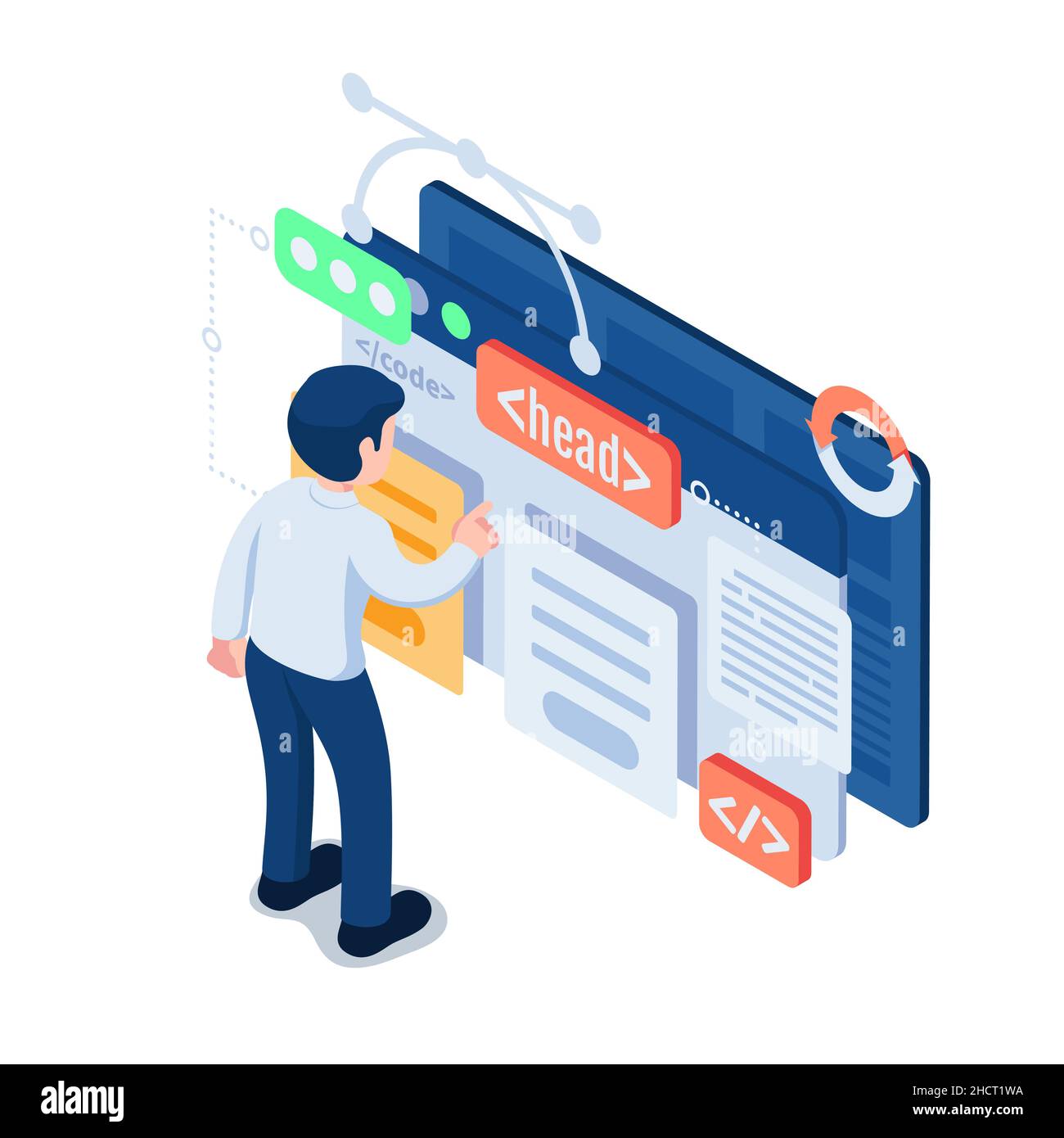 Flat 3D Isometric Geschäftsmann oder Web Developer Design Website Interface. Web UX UI Design und Software Development Konzept. Stock Vektor