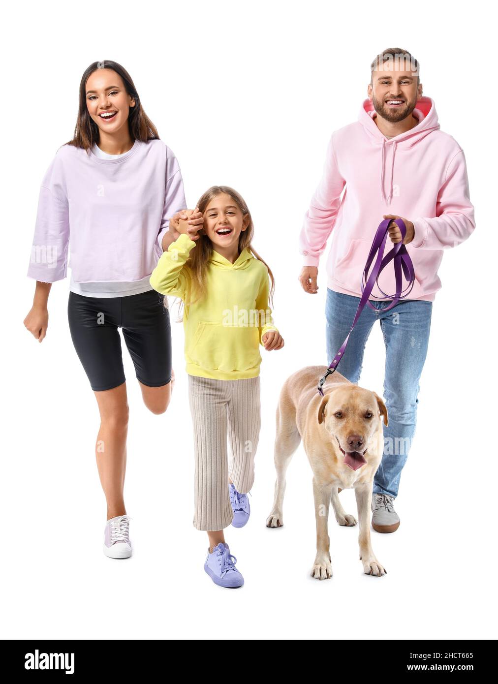 Glückliche Eltern mit niedlichen kleinen Tochter und Labrador Hund auf weißem Hintergrund Stockfoto