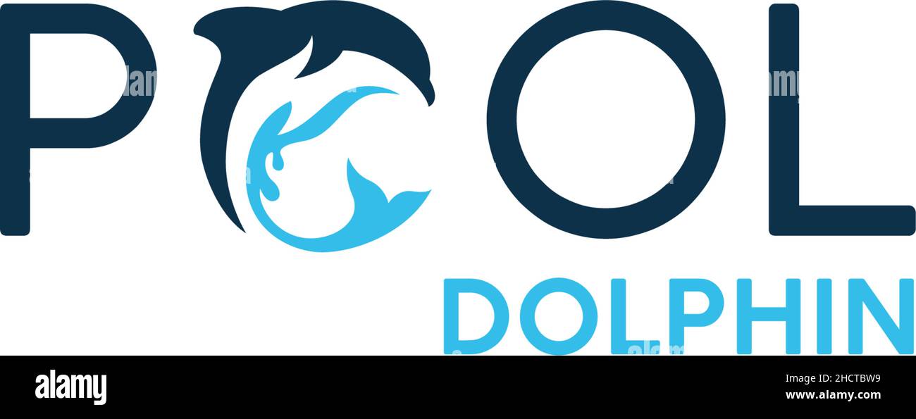 Flaches Buchstabenzeichen POOL DELPHIN Wasser Logo Design Stock Vektor