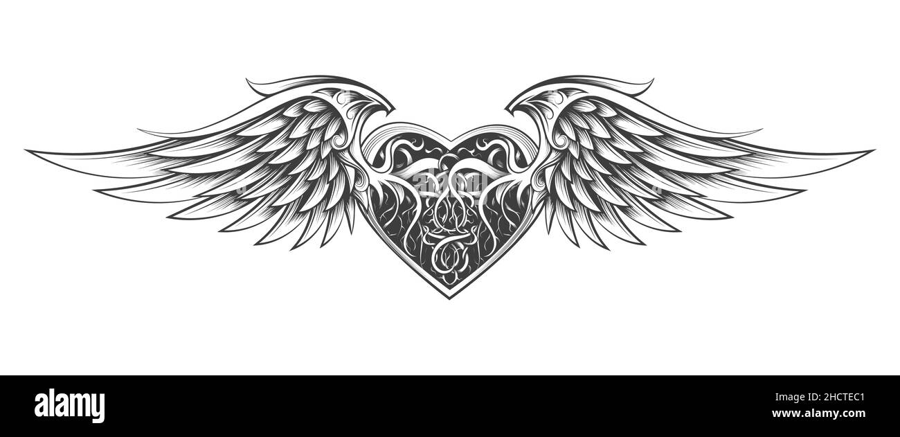 Monochrom Tattoo von geflügelten Herzen gezeichnet in Gravur-Stil isoliert auf weiß. Vektorgrafik. Stock Vektor