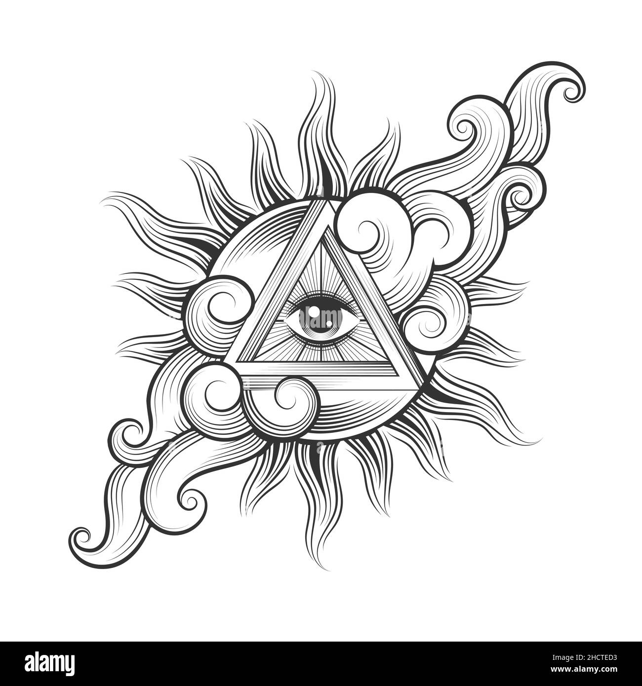 Tätowierung aller sehenden Augen okkultisches Symbol in der Sonne in einem Himmel isoliert auf weiß. Vektorgrafik. Stock Vektor