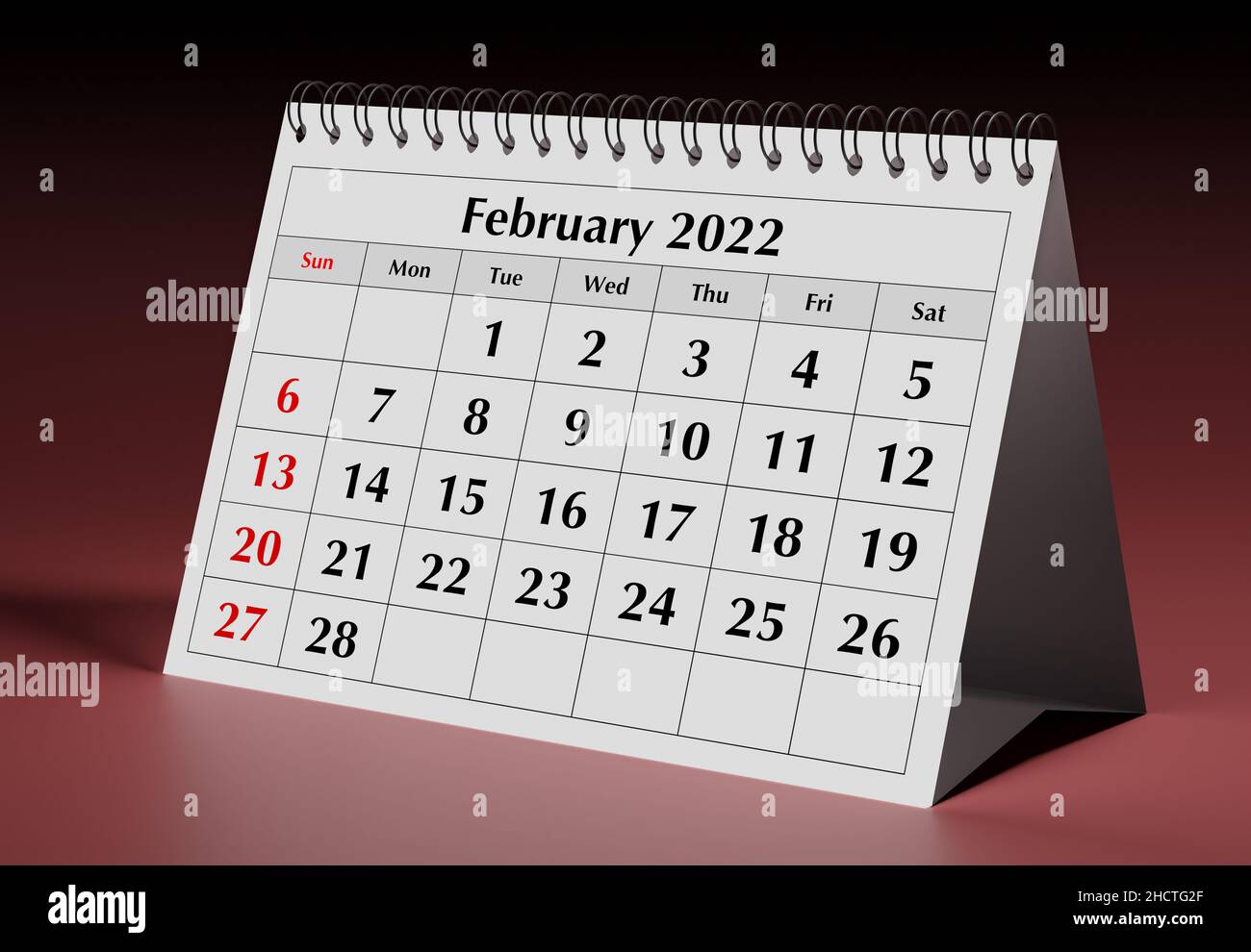 Eine Seite des monatlichen Jahreskalenders. Datum - Monat Februar 2022. 3D Rendern Stockfoto