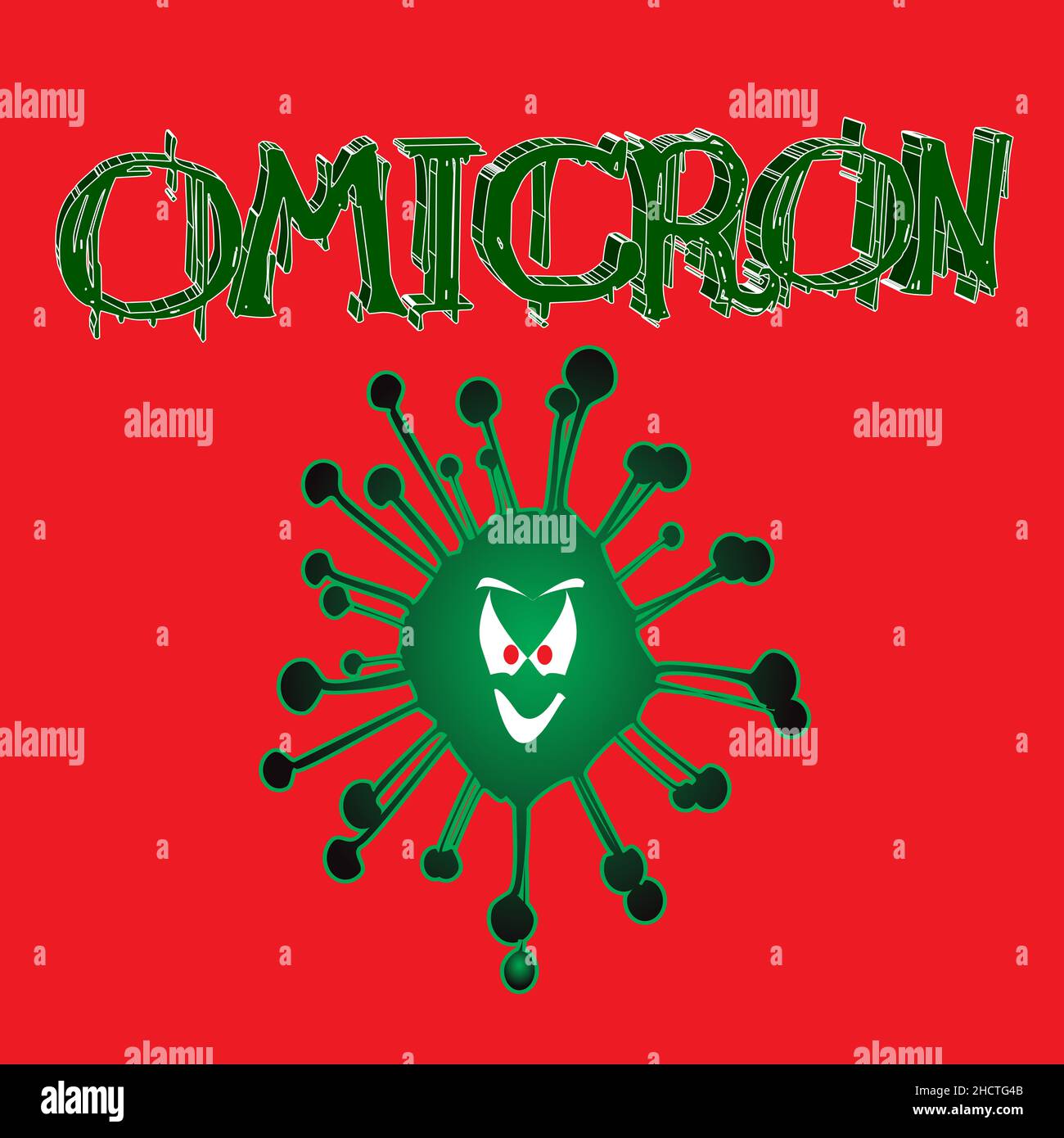 Die Omicron-Variante Virusinfektion Covid 19 mit einem böse grinsenden Gesicht isoliert über einem roten Hintergrund Stockfoto