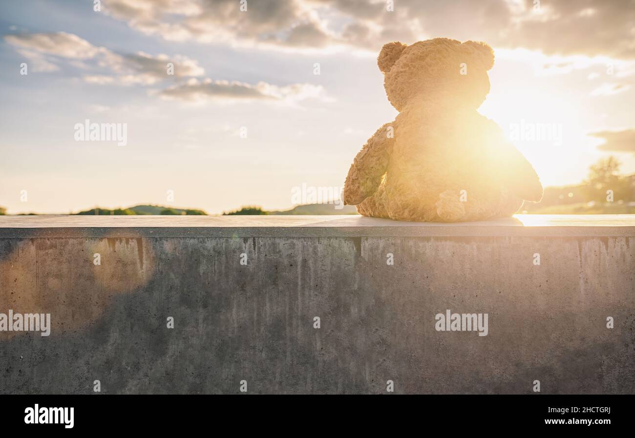 teddybär sitzt bei Sonnenuntergang auf einer Steinmauer mit bewölktem Himmel, Rückansicht. Love-Thema. Konzept über Liebe und Beziehung. Copyspace für Ihre Individua Stockfoto