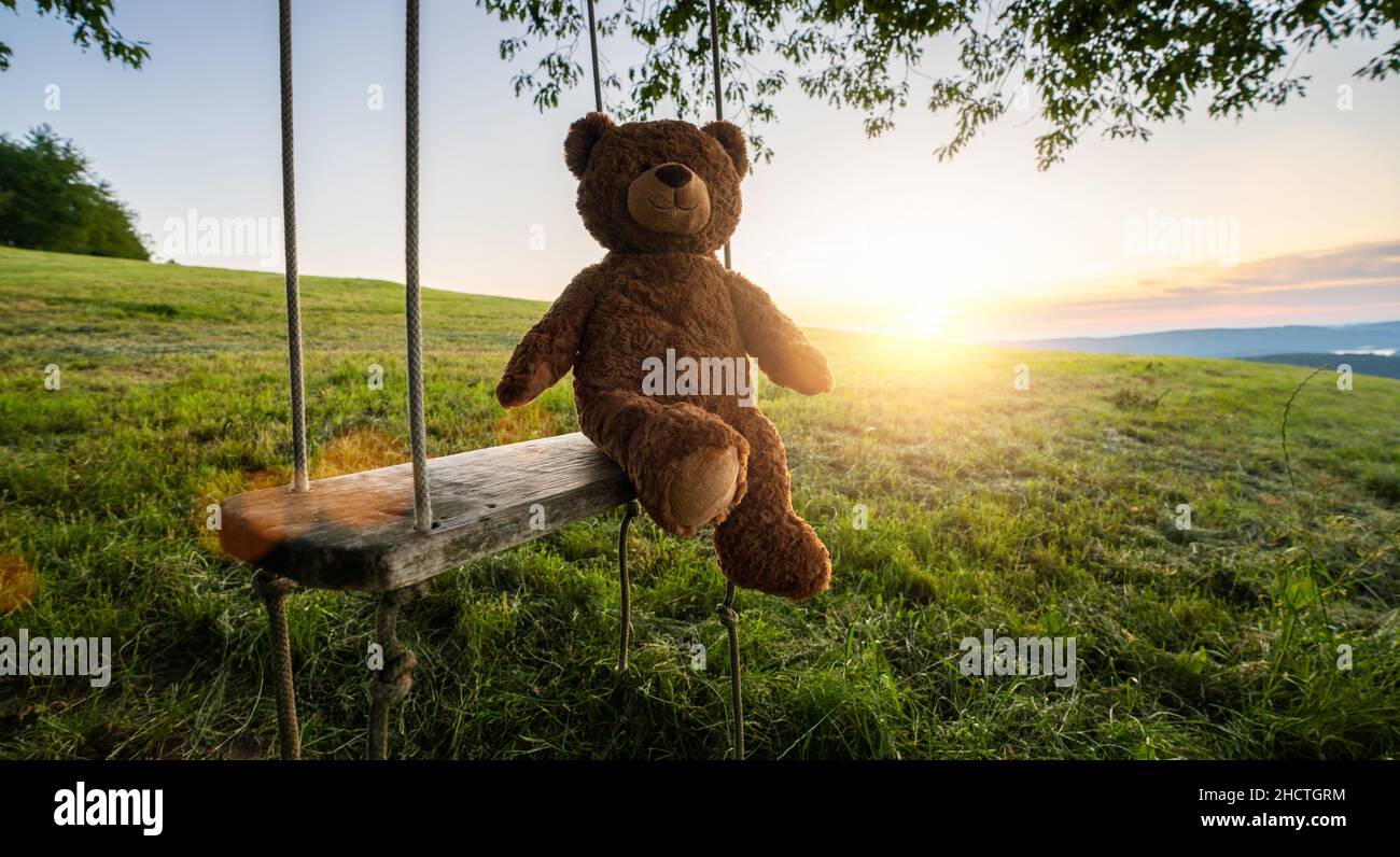 teddybär sitzt auf einer Schaukel bei Sonnenuntergang. Love-Thema. Konzept über Liebe und Kindheit Stockfoto