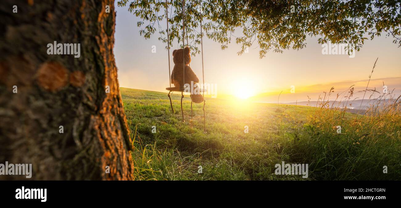 Teddybär sitzt auf einem Swing bei Sonnenuntergang auf einer alten Eiche. Konzeptbild über Liebe und Kindheit Stockfoto