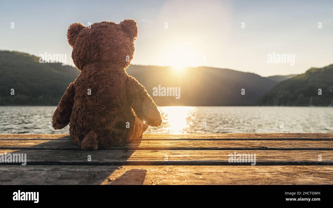 teddybär sitzt auf einem Steg an einem See bei Sonnenuntergang, Rückansicht. Love-Thema. Konzept über Liebe und Beziehung. Copyspace für Ihren individuellen Text. Stockfoto