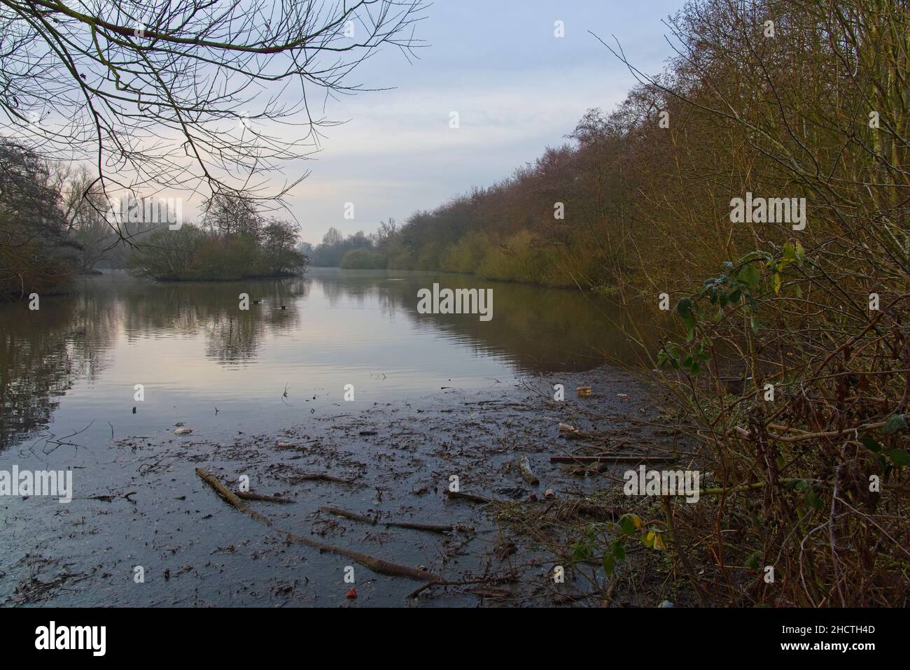 Düsterer, nebliger Dezembermorgen neben den stillen Gewässern von Mill Lakes, Nottinghamshire. Stockfoto