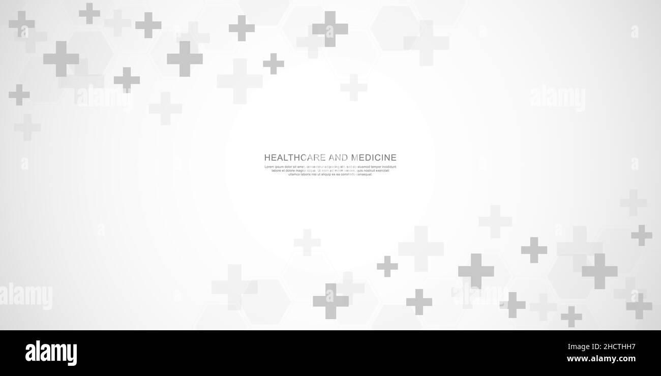 Vektordarstellung eines medizinischen Hintergrunds mit Sechsecken und Kreuzen. Konzepte und Ideen für das Design von Gesundheit und Medizin Stock Vektor