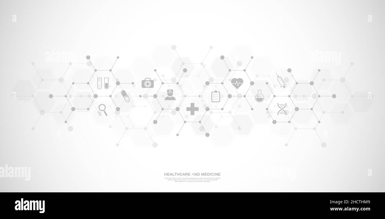 Medizinischer Hintergrund und Gesundheitstechnologie mit flachen Symbolen und Symbolen. Design-Vorlage von Konzept und Idee für das Gesundheitswesen Geschäft, Innovation Stock Vektor