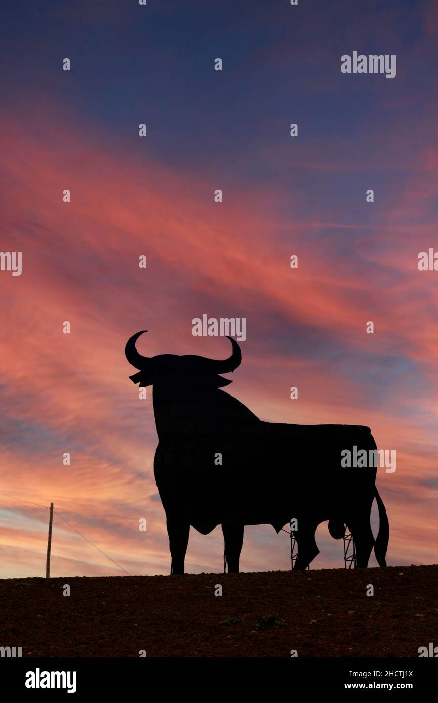 Ein Osborne Black Bull Schild. Dieses befindet sich in der Nähe von Casabermeja, Provinz Malaga, Andalusien, Südspanien. Das Bullenzeichen wurde ursprünglich zur Werbung gemacht Stockfoto