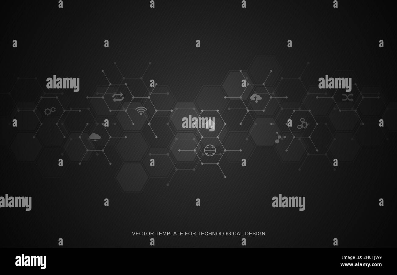 Technologischer Hintergrund mit flachen Symbolen und Symbolen. Konzept und Idee für das Internet der Dinge, Kommunikation, Netzwerk, Innovationstechnologie Stock Vektor