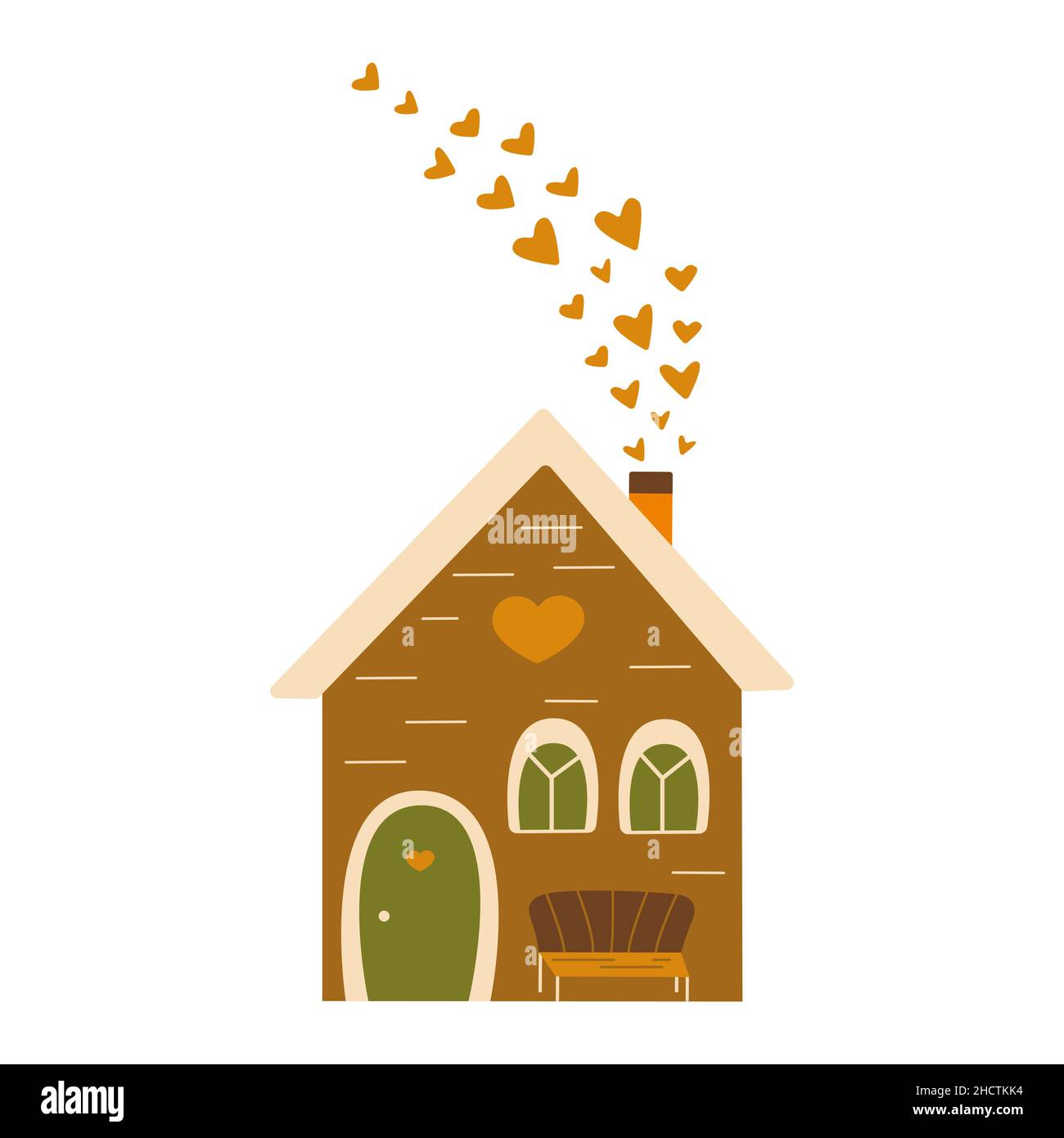 Süßes Zuhause mit einer Bank und Herzen aus der Pfeife. Zuhause für Verliebte. Valentinstag. Bunte Vektor isolierte Illustration von Hand gezeichnet Stock Vektor