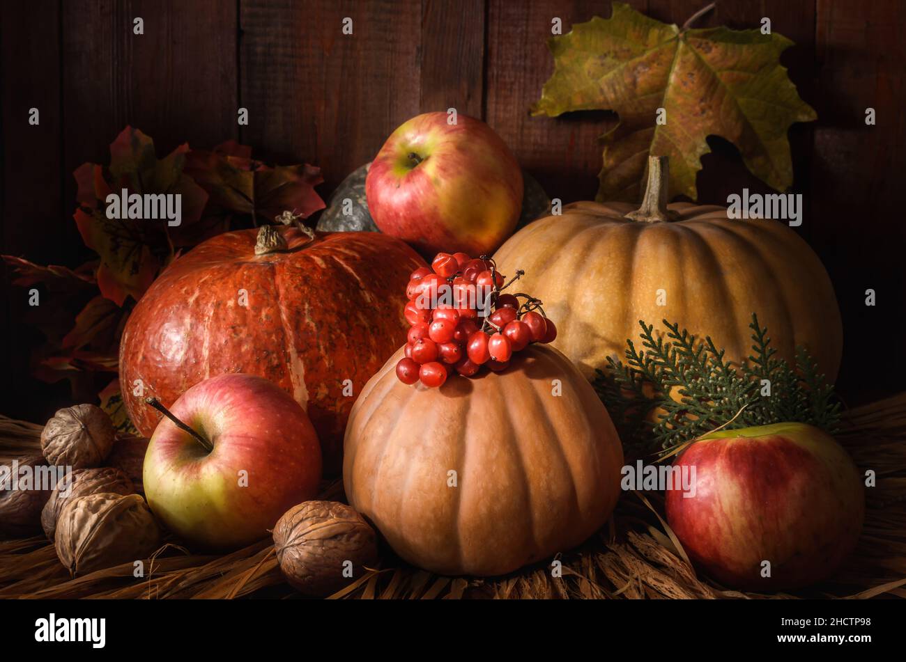 Kürbis und Früchte auf dunklem Holzhintergrund Stockfoto