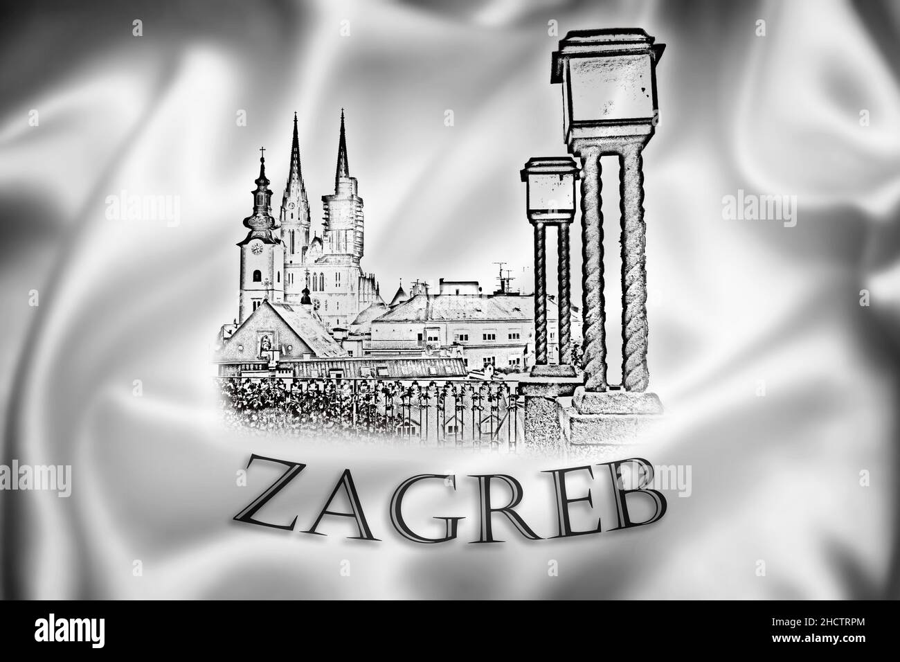 Zagreb-Illustration. Historische Zagreb Türme schwarz Skizze Ansicht mit Stadtnamen. Hauptstadt Kroatiens Stockfoto
