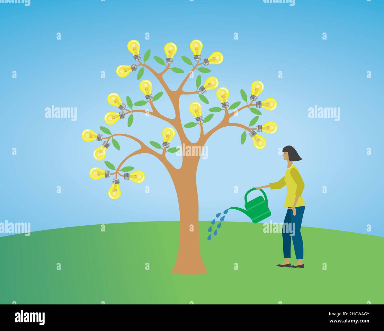 Frau, die Baum wässert, um Glühbirnen zu verbessern, die auf dem Baum wachsen. Vektorgrafik. EPS10. Stock Vektor