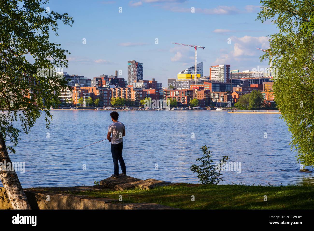 Mann beim Angeln im Arboretum Hatanpää, Blick auf die Stadt Tampere über den See Pyhäjärvi in Finnland im Sommer. Stockfoto