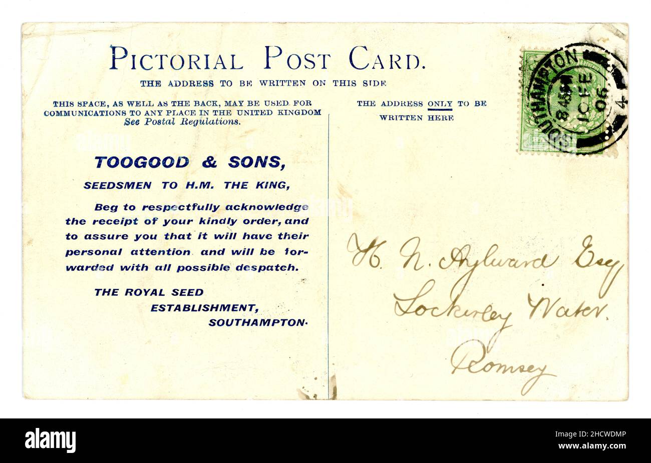 Rückseite der ursprünglichen Edwardianischen Ära Toogogood & Sons - Saatguthändler, Postkarte für eine Bestätigung für den Erhalt der Bestellung, geschrieben aus Southampton am 10. Februar 1906, Southampton, England, Großbritannien Stockfoto
