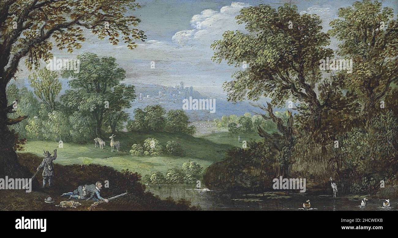 Martin Ryckaert - Eine bewaldete Flusslandschaft mit Figuren, die Enten und Hirsche jagen, ein Dorf auf einem Hügel dahinter. Stockfoto Martin Ryckaert - Eine bewaldete Flusslandschaft mit Figuren, die Enten und Hirsche jagen, ein Dorf auf einem Hügel dahinter. Stockfoto