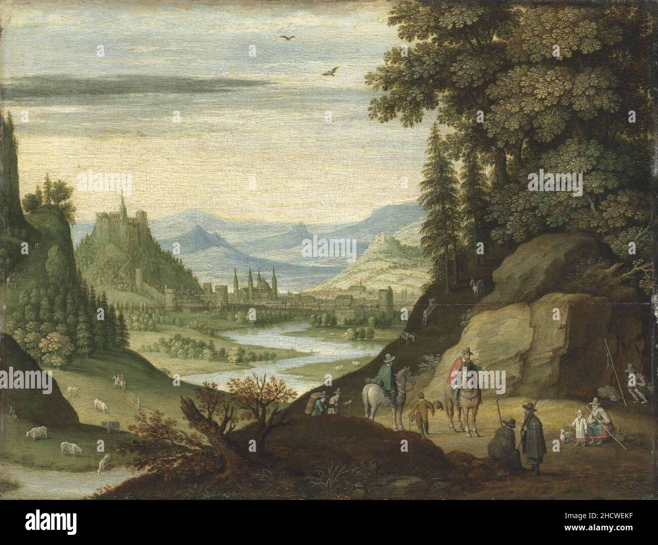 Martin Ryckaert - eine ausgedehnte Berglandschaft mit Figuren auf dem Pferderücken und anderen, die im Vordergrund ruhen, einem gewundenen Fluss und einer Stadt dahinter. Stockfoto Martin Ryckaert - eine ausgedehnte Berglandschaft mit Figuren auf dem Pferderücken und anderen, die im Vordergrund ruhen, einem gewundenen Fluss und einer Stadt dahinter. Stockfoto