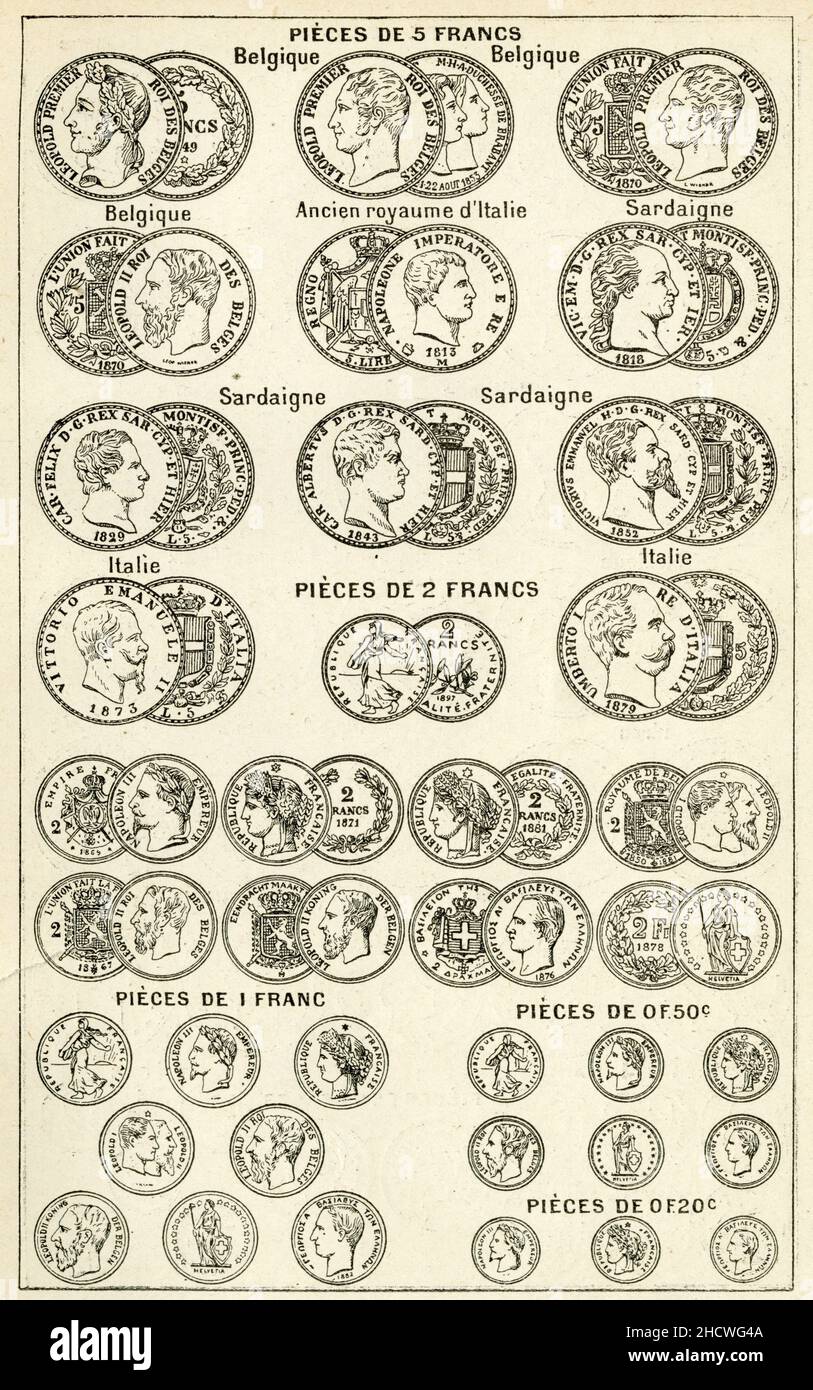 Pièces de 5 Francs, Belgique, Ancien royaume d'Italie, Sardaigne,. Pièces de 2 Francs Stockfoto