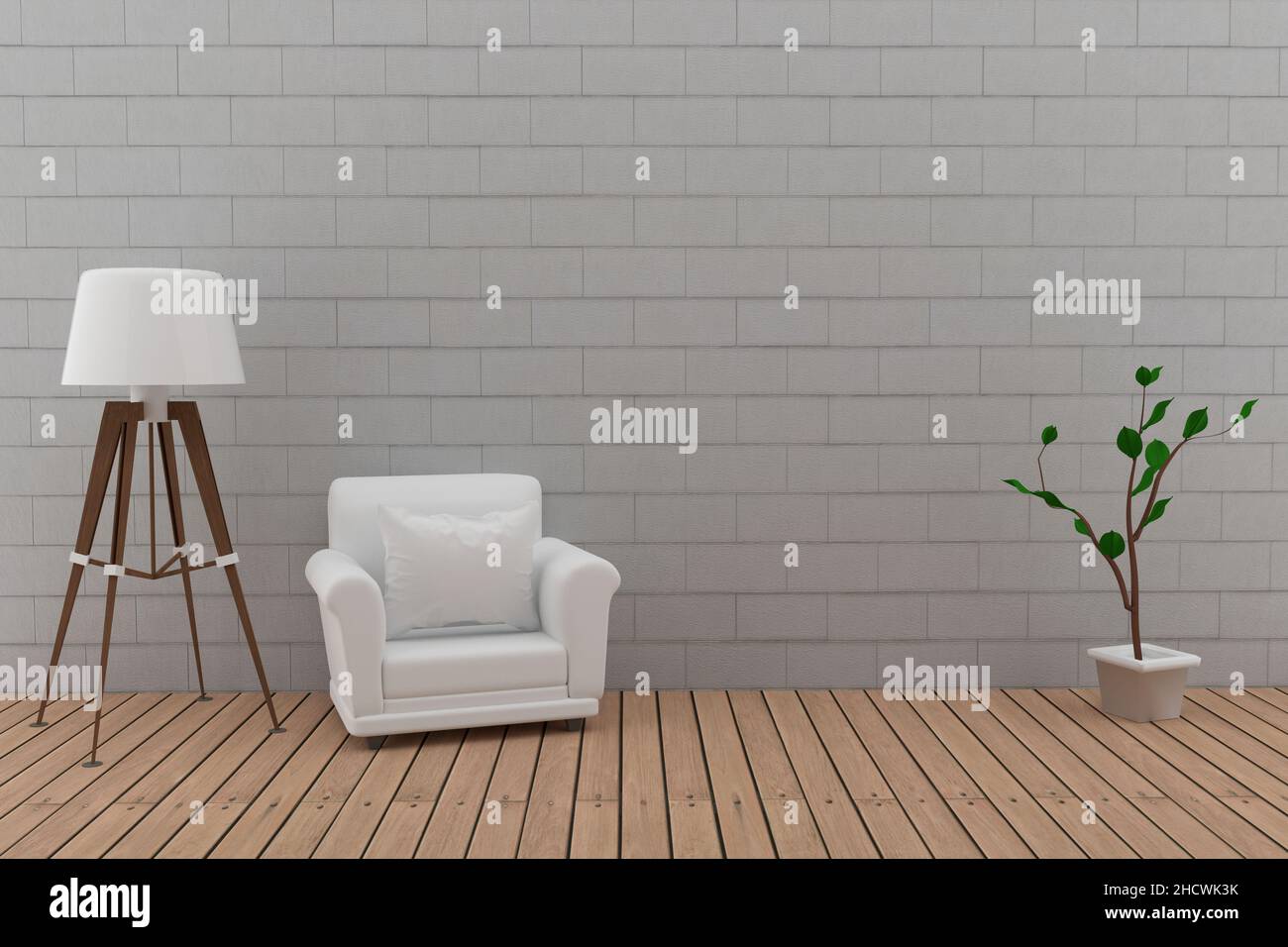 Einzelsofa mit Lampe im Mauerwerk und Holz Zimmer in 3D Bild rendern Stockfoto