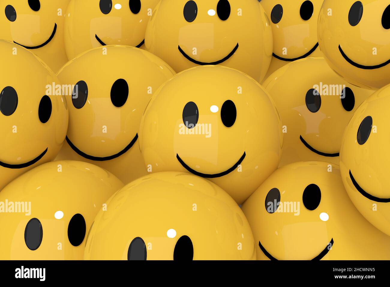Niedliche gelbe Smileys Kugeln in Social-Media-freundliche Emoticon Concept 3D Rendern Bild Stockfoto