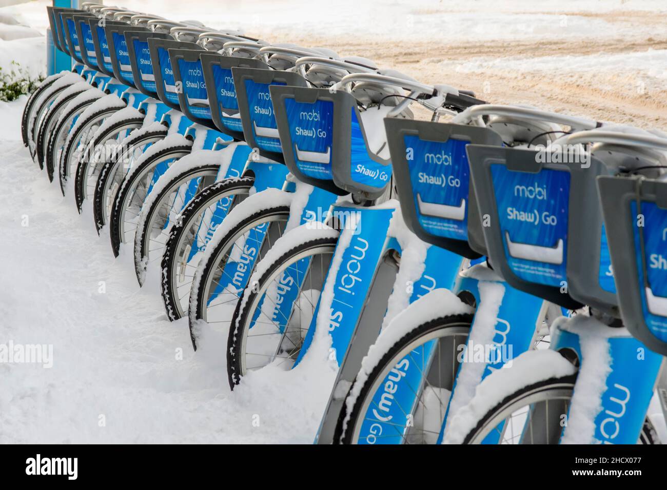 Snow Covered Rental Bike Station, Vancouver, British Columbia, Kanada Stockfoto