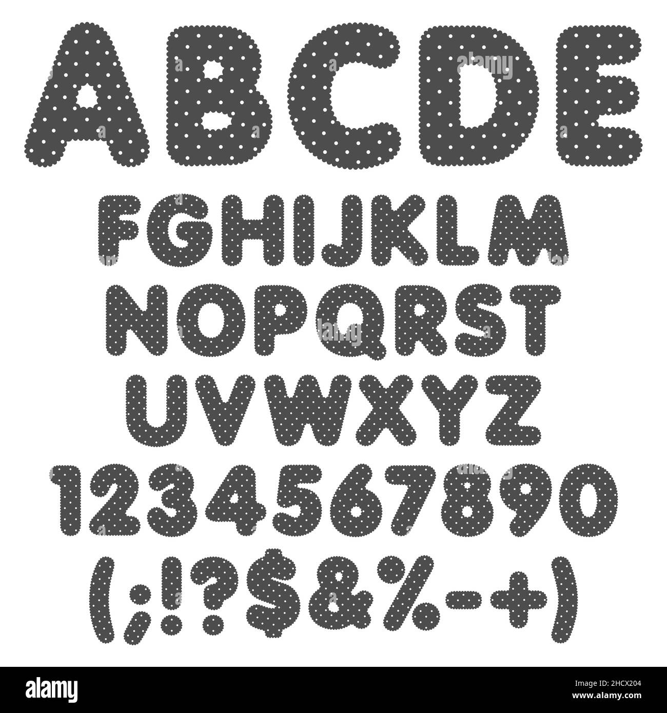 Geriffeltes Alphabet, Buchstaben, Zahlen und Zeichen mit Punkten. Satz isolierter Vektor-Schwarz-Weiß-Objekte auf weißem Hintergrund. Stock Vektor