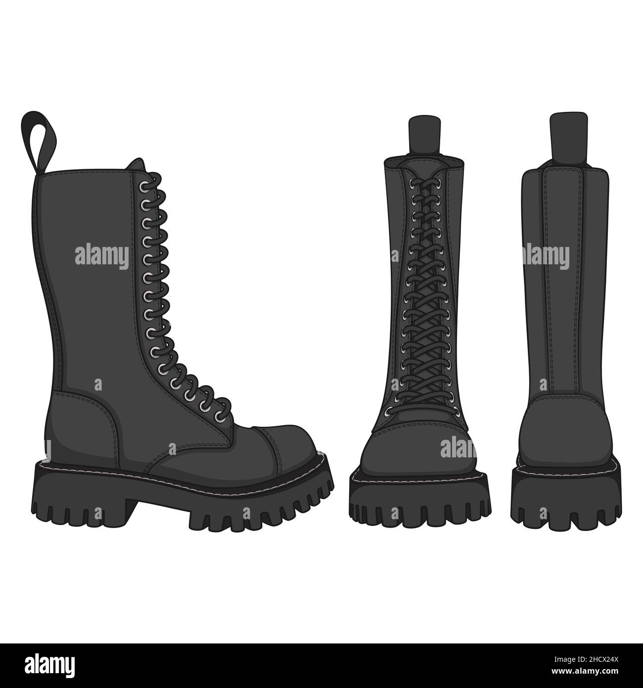 Set von farbigen Illustrationen mit schwarzen Stiefeln, hohen Stiefeln mit Schnürsenkeln. Isolierte Vektorobjekte auf weißem Hintergrund. Stock Vektor