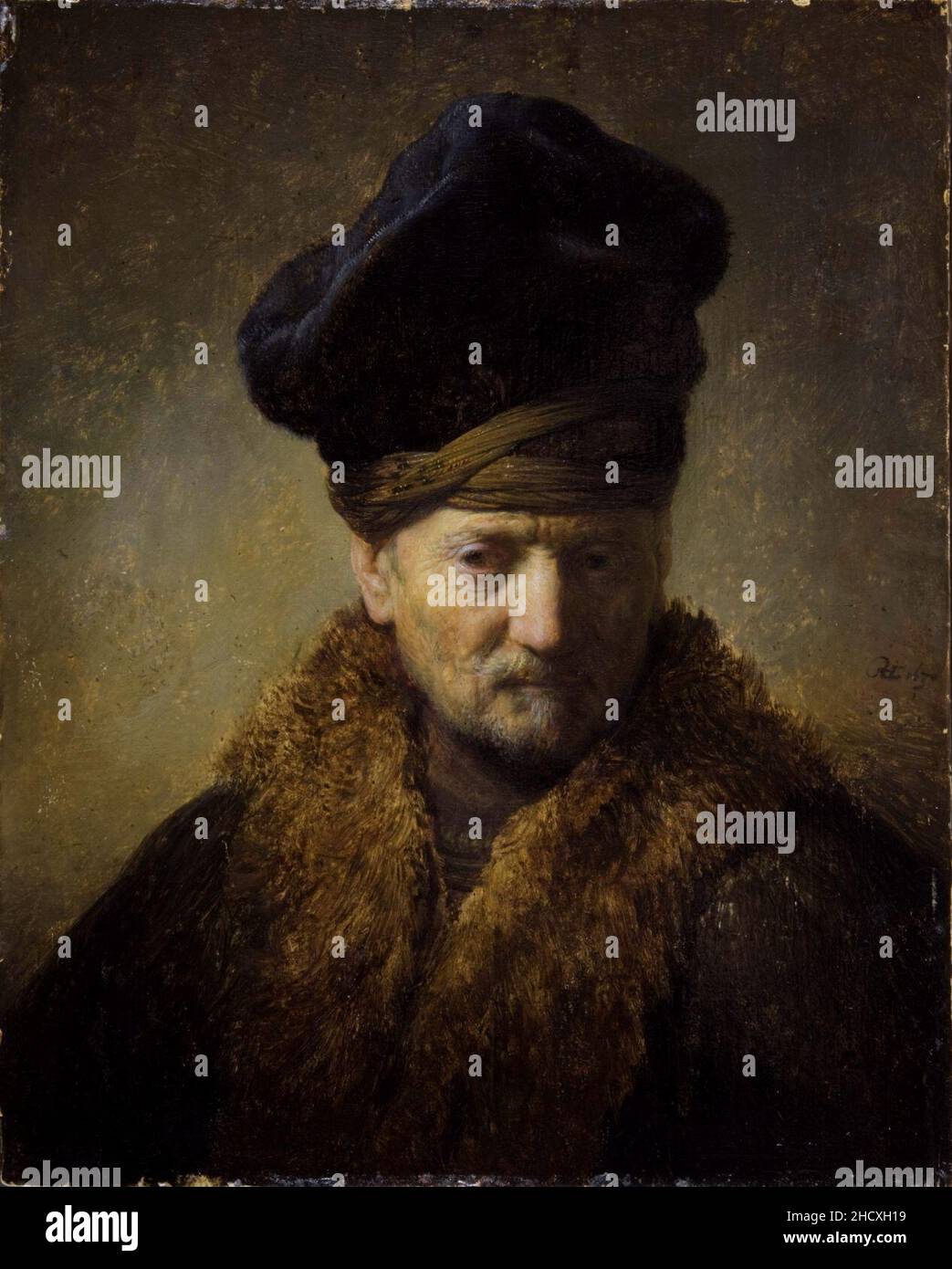 Rembrandt van Rijn - Borststuk van een oude man met buntmuts (1630). Stockfoto