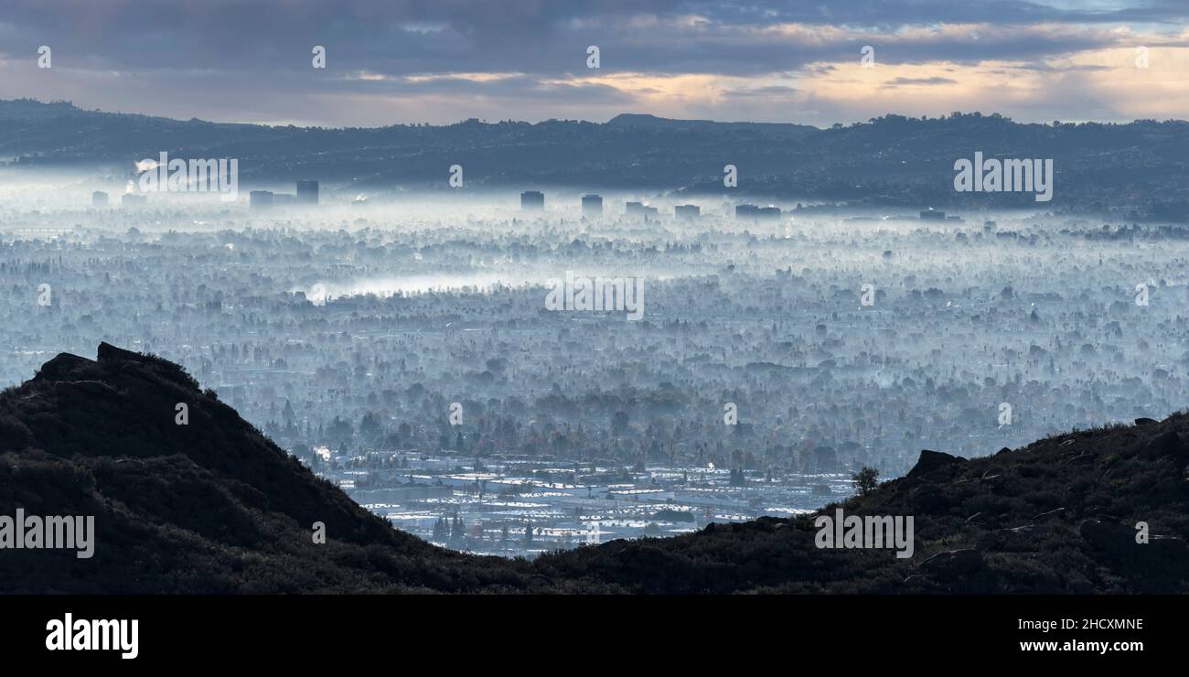 Panoramablick auf den Morgennebel im San Fernando Valley über dem Sherman Oaks-Viertel von Los Angeles, Kalifornien. Stockfoto