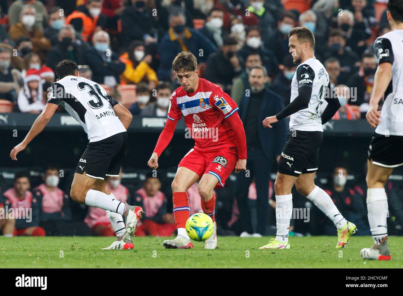 Alvaro Vadillo von RCD Espanyol während des Liga-Spiels zwischen Valencia CF und RCD Espanyol bei Mestalla in Valencia, Spanien. Stockfoto