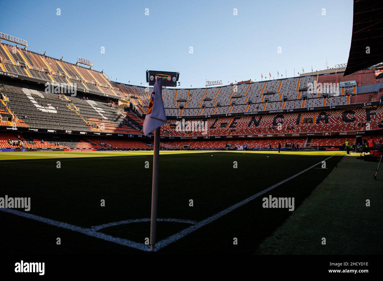 Gesamtansicht während des Liga-Spiels zwischen Valencia CF und RCD Espanyol bei Mestalla in Valencia, Spanien. Stockfoto