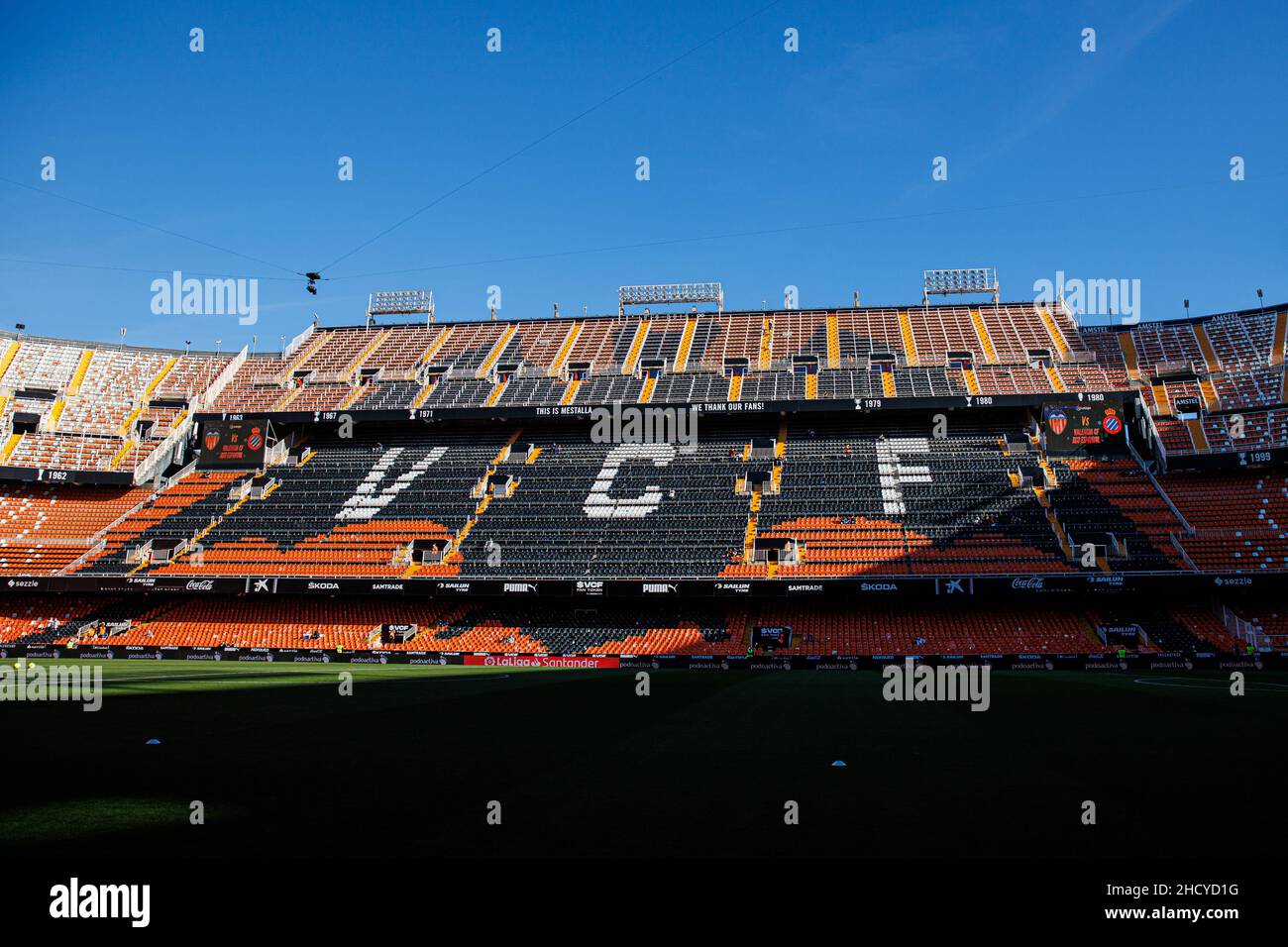 Gesamtansicht während des Liga-Spiels zwischen Valencia CF und RCD Espanyol bei Mestalla in Valencia, Spanien. Stockfoto