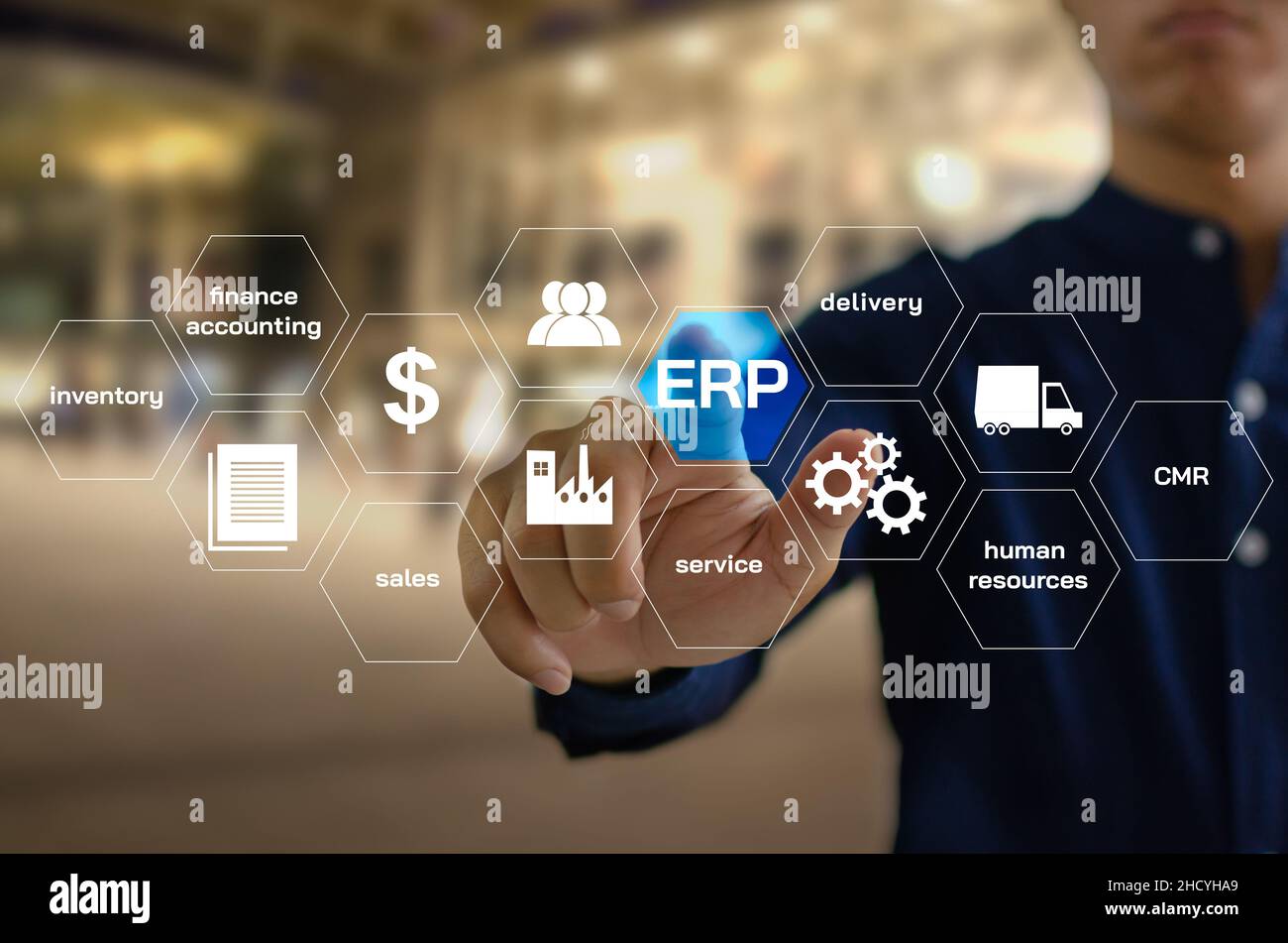 ERP Enterprise Resource Planning. Planung, um die Organisation zu verwalten, um Ressourcen effizient und für maximalen Nutzen nutzen zu können. Management con Stockfoto