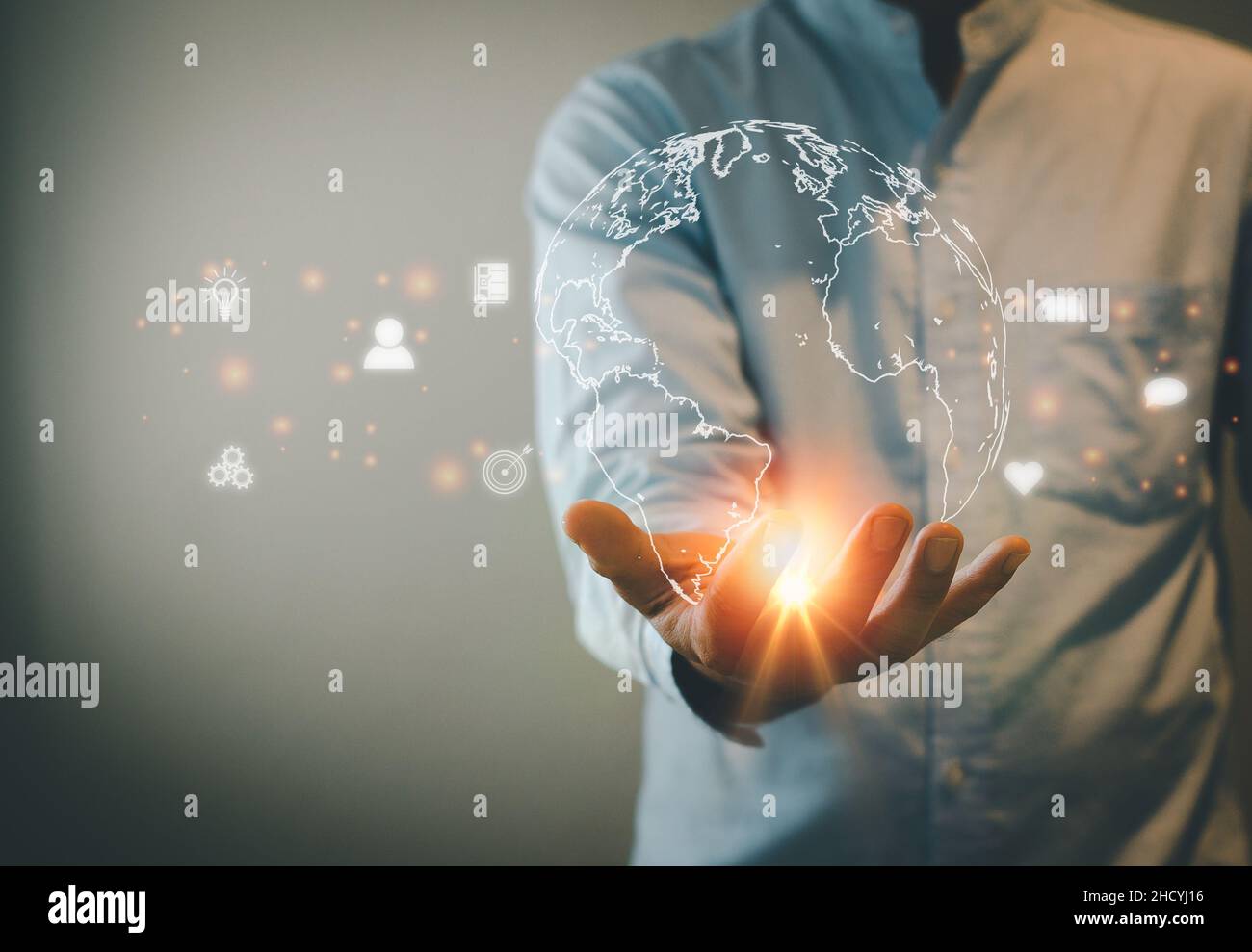 Mann Hand virtuelle Welt Symbol. Kommunikation und Nutzung moderner Internet-Technologie Metaverse , Social Networking, Online-Marketing, digital online. Konz Stockfoto