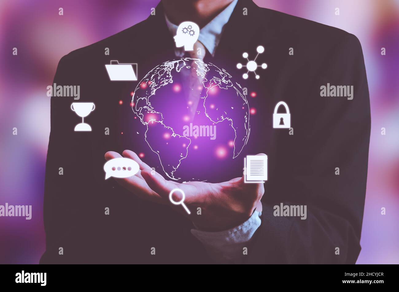 Virtuelle Welt Technologie Metaverse Konzept. Welt- und Geschäftssymbole, moderne Nutzung des Internets, Datenanalyse, Kommunikation oder Online-Marketing. Stockfoto