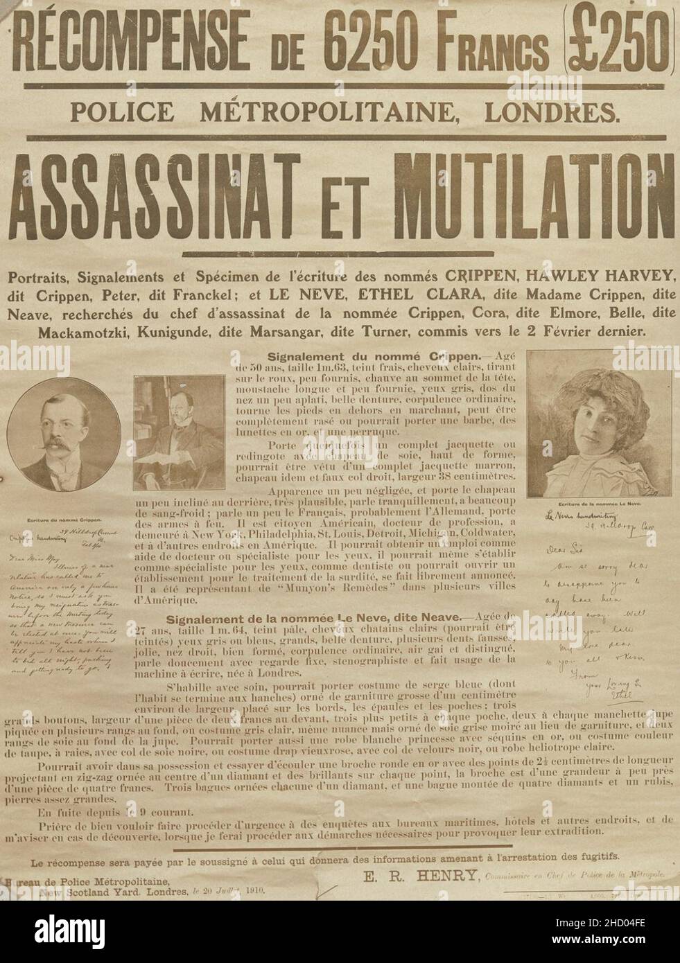 Belohnung von New Scotland Yard, London am 20. Juli 1910 für Informationen, die zu einer Festnahme durch den Polizeichef E. R. Henry über Mord und Verstümmelung führten, aus dem Album von Paris Crime Scenes, das Alphonse Bertillon zugeschrieben wird. DP263825 (abgeschnitten). Stockfoto