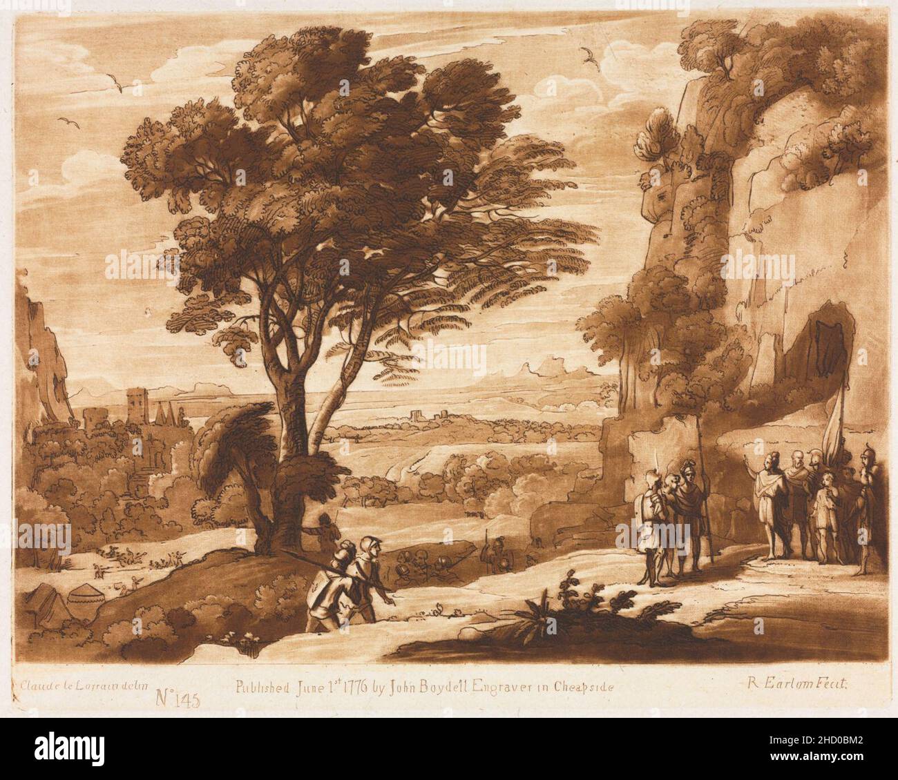 Richard Earlom (British, 1743-1822), Claude Lorrain (French, 1604-1682), John Boydell - Liber Veritatis, No. 145, A Landscape, with Figures, Simon mitgebracht vor Priam Stockfoto