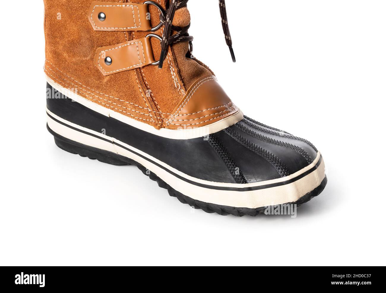 PAC Stiefel oder Schneestiefel mit Gummiunterschale, wasserfestem Leder und Schuhspitze. Perspektivische Ansicht. Warme hellbraune und schwarze Winterschuhe mit Stockfoto