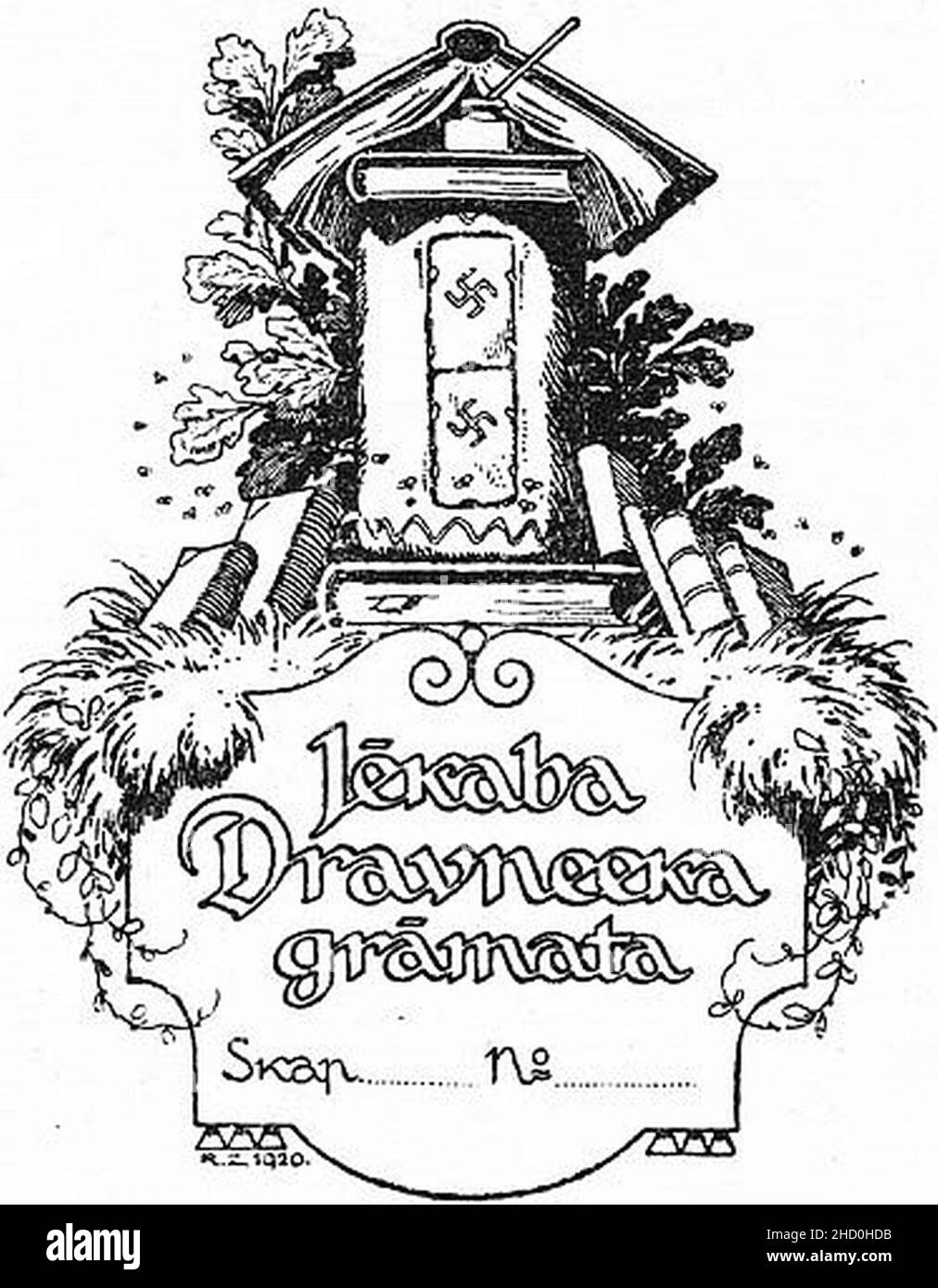 Rihards Zariņš, Bookplate Jēkabs Dravnieks ('Jēkaba Dravneeka grāmata'), 1920, Zinkographie, 71x56 mm. Stockfoto