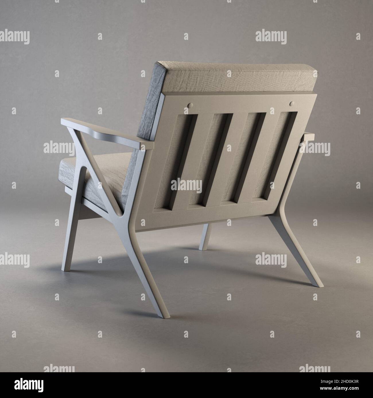 3D Rendering Cavett Wood Chair Lehmmodell mit neutralem Hintergrund und abgewinkelter Rückansicht Stockfoto