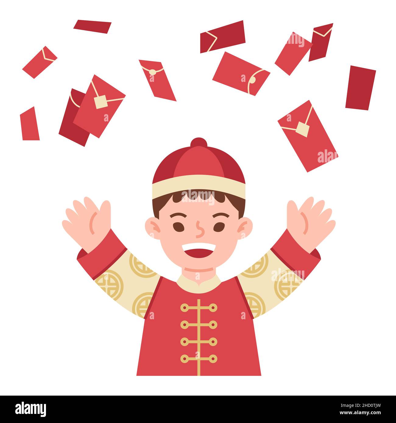 Chinesischer Junge feiern chinesischen Mond neues Jahr mit roten Päckchen Vektor Illustration flachen Stil. Stock Vektor