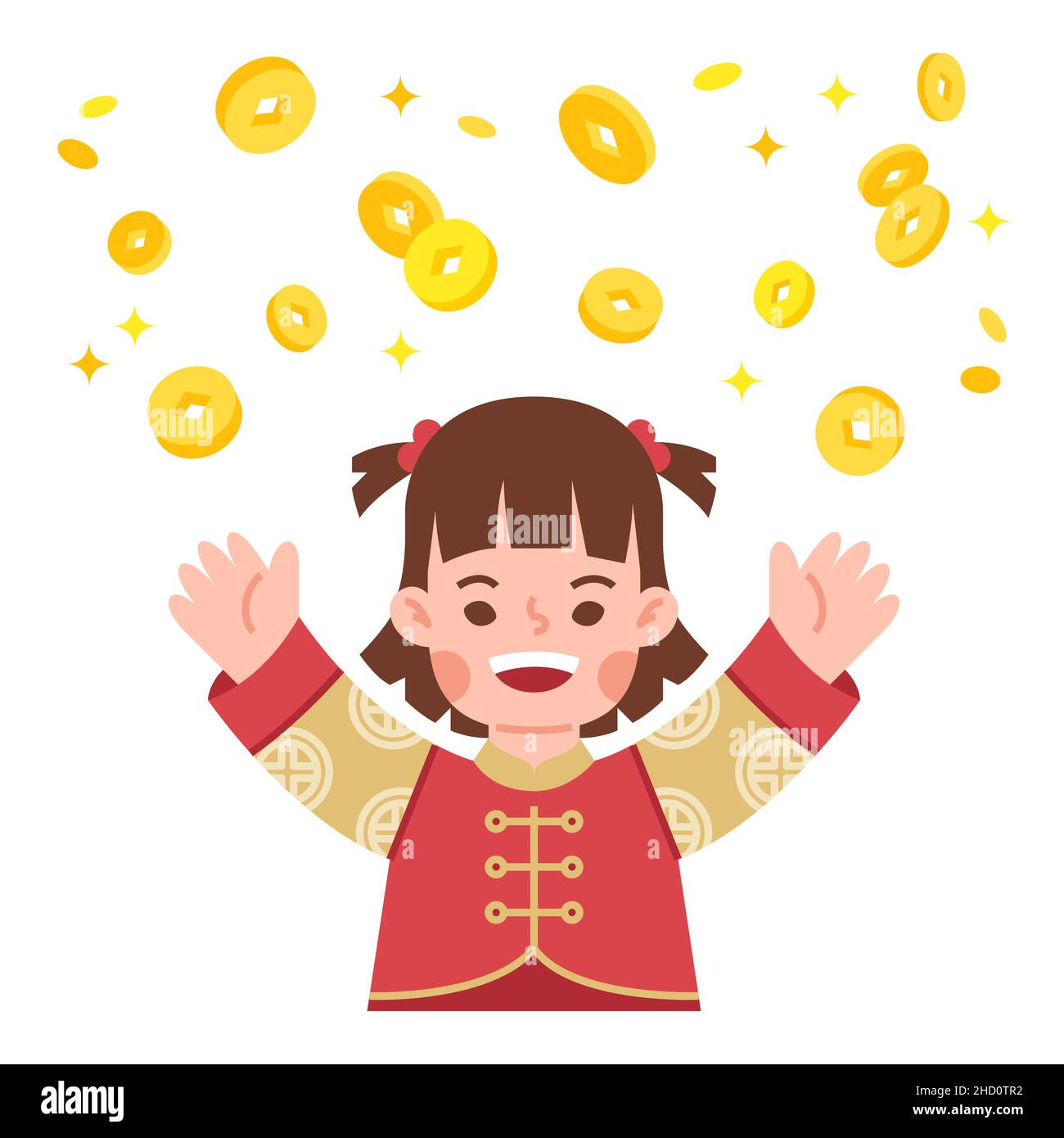 Chinesische Mädchen feiern chinesischen Mond Neujahr mit Geld Münzen fallen Vektor Illustration flachen Stil. Stock Vektor