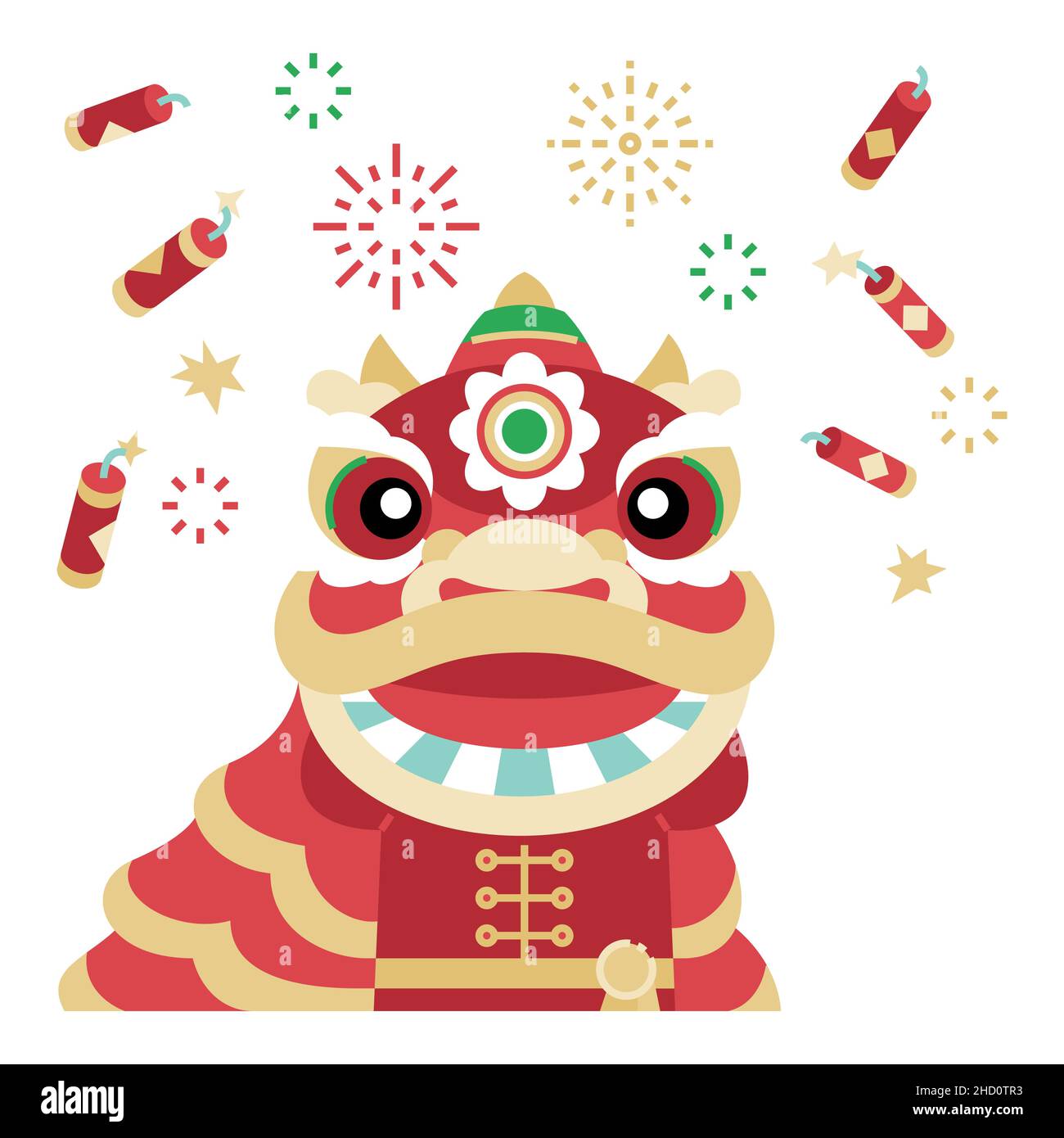 Chinesische Löwen tanzen flache Illustration mit Feuer Cracker und Feuerwerk Feier Hintergrund Stock Vektor