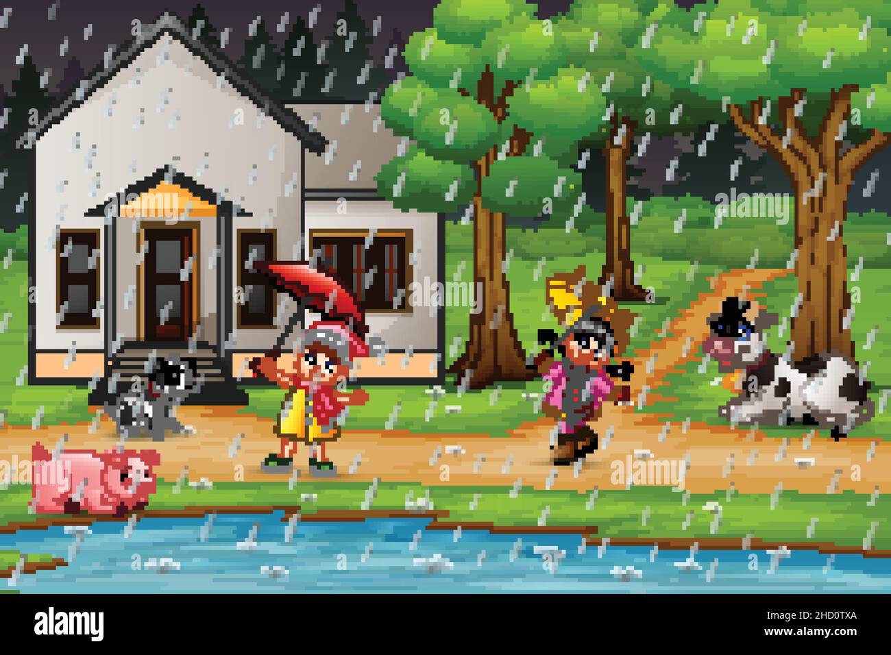 Cartoon zwei Mädchen spielen mit Tieren unter dem Regen Stock Vektor